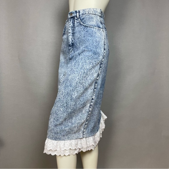 Vintage 80s Denim Skirt Lace Trim Acid Wash Retro Jean Skirt Pencil Cotton - Picture 15 of 16
